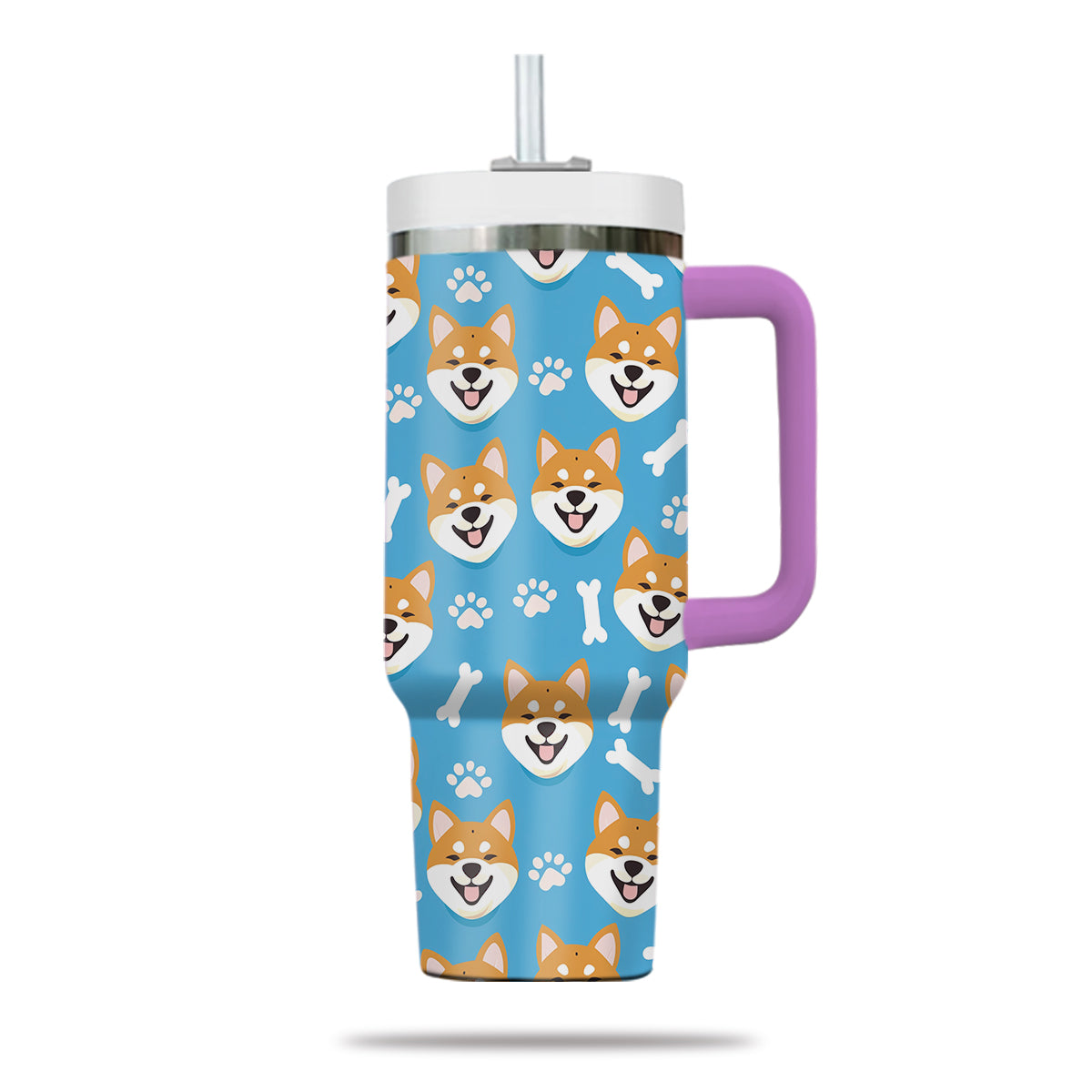 Cute Shiba Tumbler 40oz With Handle, Shiba Pattern 40oz Tumbler, Dog Paw Photo Tumbler with Straw, Dog Lover Tumbler, Stainless Steel Tumbler, Insulated Tumbler 01