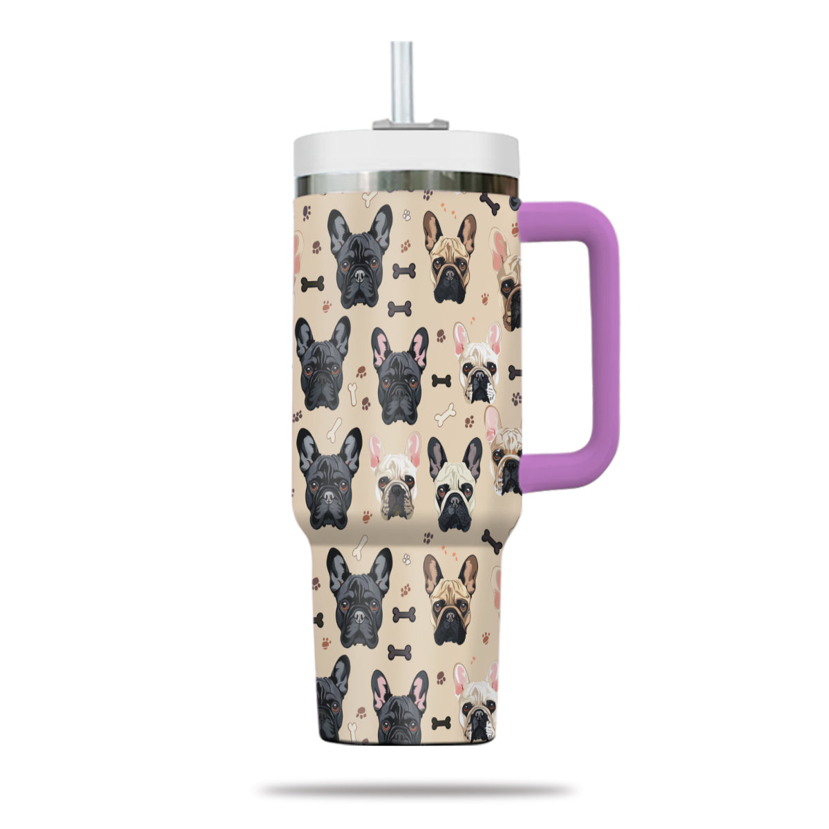 Cute French Bulldog Tumbler 40oz With Handle, French Bulldog Pattern 40oz Tumbler, Dog Paw Photo Tumbler with Straw, Dog Lover Tumbler, Stainless Steel Tumbler, Insulated Tumbler 01