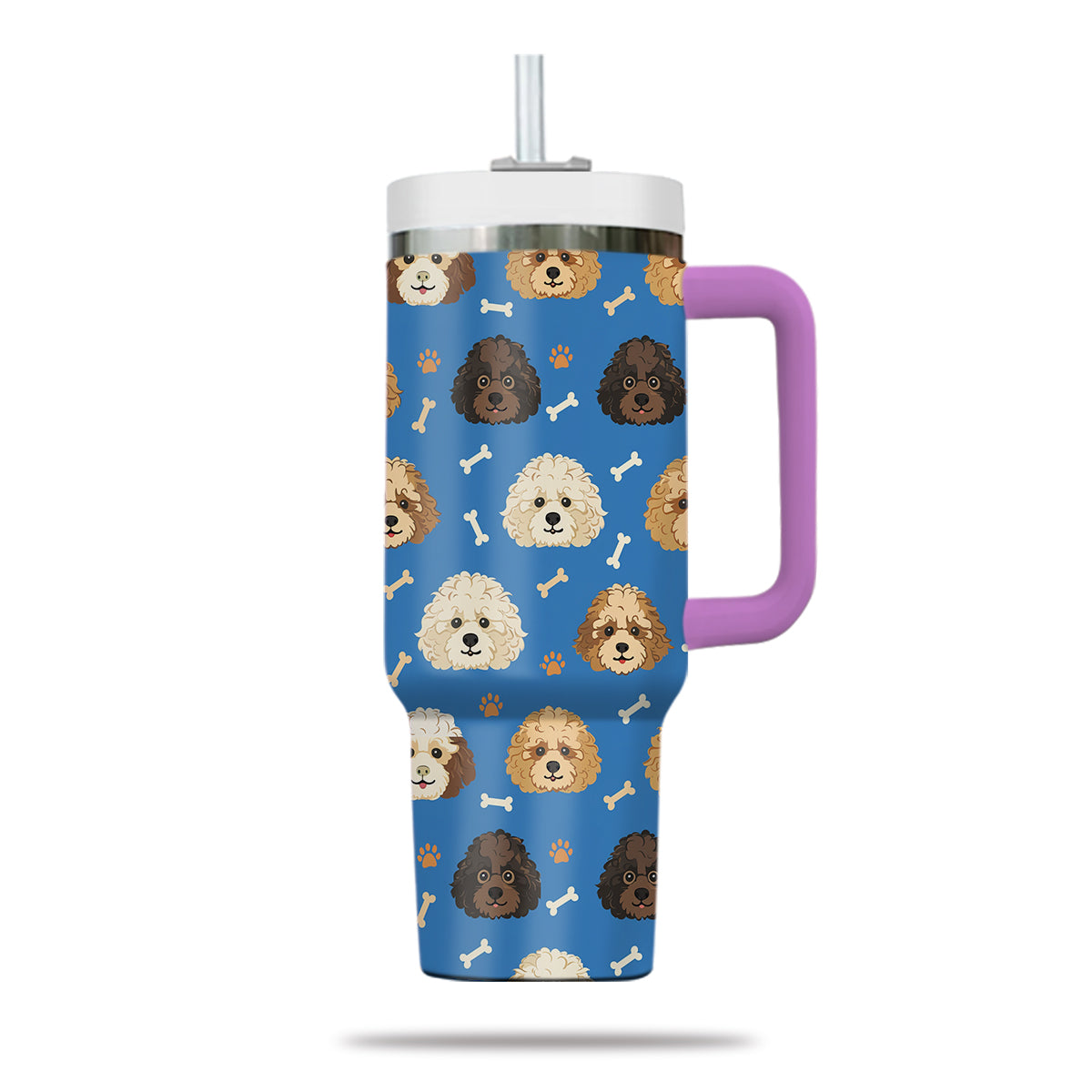 Cute Poodle Tumbler 40oz With Handle, Poodle Pattern 40oz Tumbler, Dog Paw Photo Tumbler with Straw, Dog Lover Tumbler, Stainless Steel Tumbler, Insulated Tumbler 01