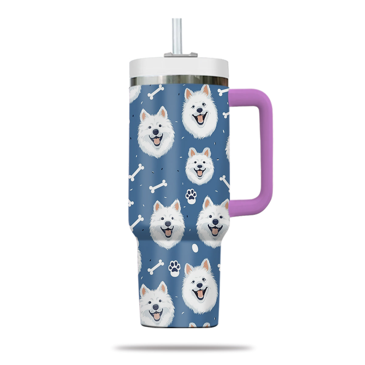 Cute Samoyed Tumbler 40oz With Handle, Samoyed Pattern 40oz Tumbler, Dog Paw Photo Tumbler with Straw, Dog Lover Tumbler, Stainless Steel Tumbler, Insulated Tumbler 01