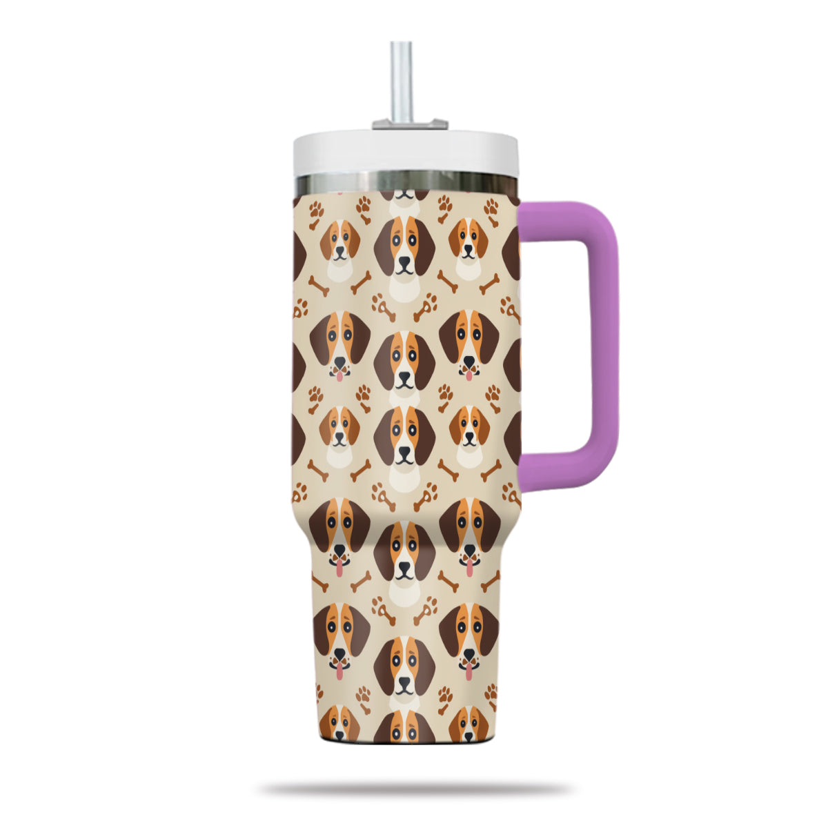 Cute Beagle Tumbler 40oz With Handle, Beagle Pattern 40oz Tumbler, Dog Paw Photo Tumbler with Straw, Dog Lover Tumbler, Stainless Steel Tumbler, Insulated Tumbler