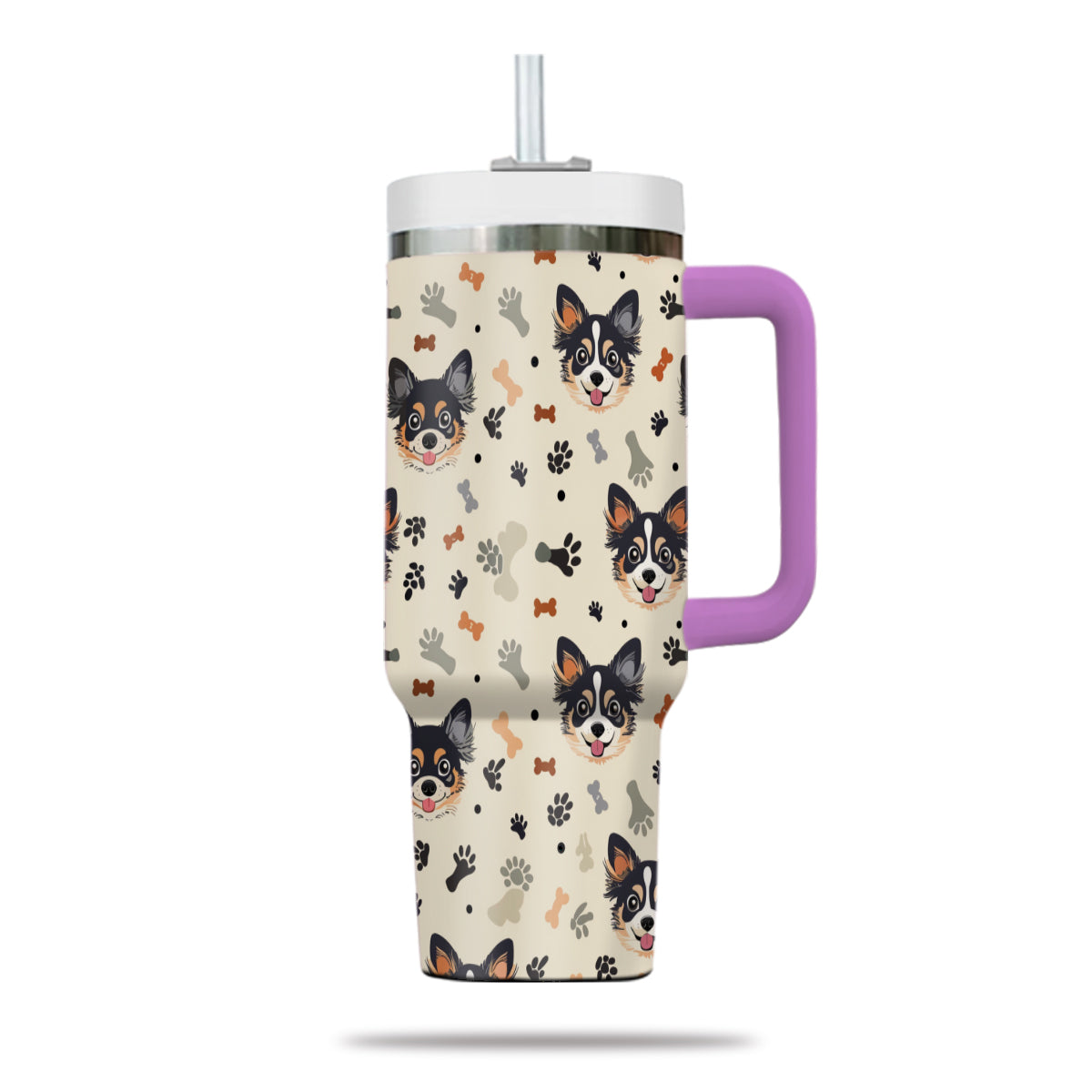 Cute Chihuahua Tumbler 40oz With Handle, Chihuahua Pattern 40oz Tumbler, Dog Paw Photo Tumbler with Straw, Dog Lover Tumbler, Stainless Steel Tumbler, Insulated Tumbler