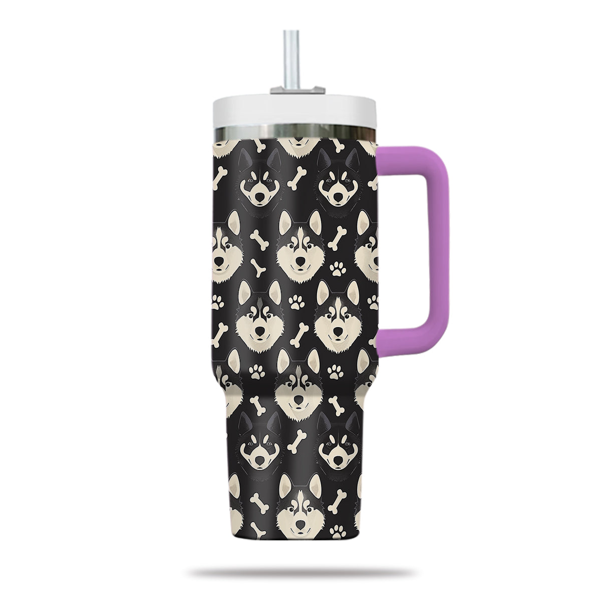 Cute Siberian Husky Tumbler 40oz With Handle, Siberian Husky Pattern 40oz Tumbler, Dog Paw Photo Tumbler with Straw, Dog Lover Tumbler, Stainless Steel Tumbler, Insulated Tumbler 01