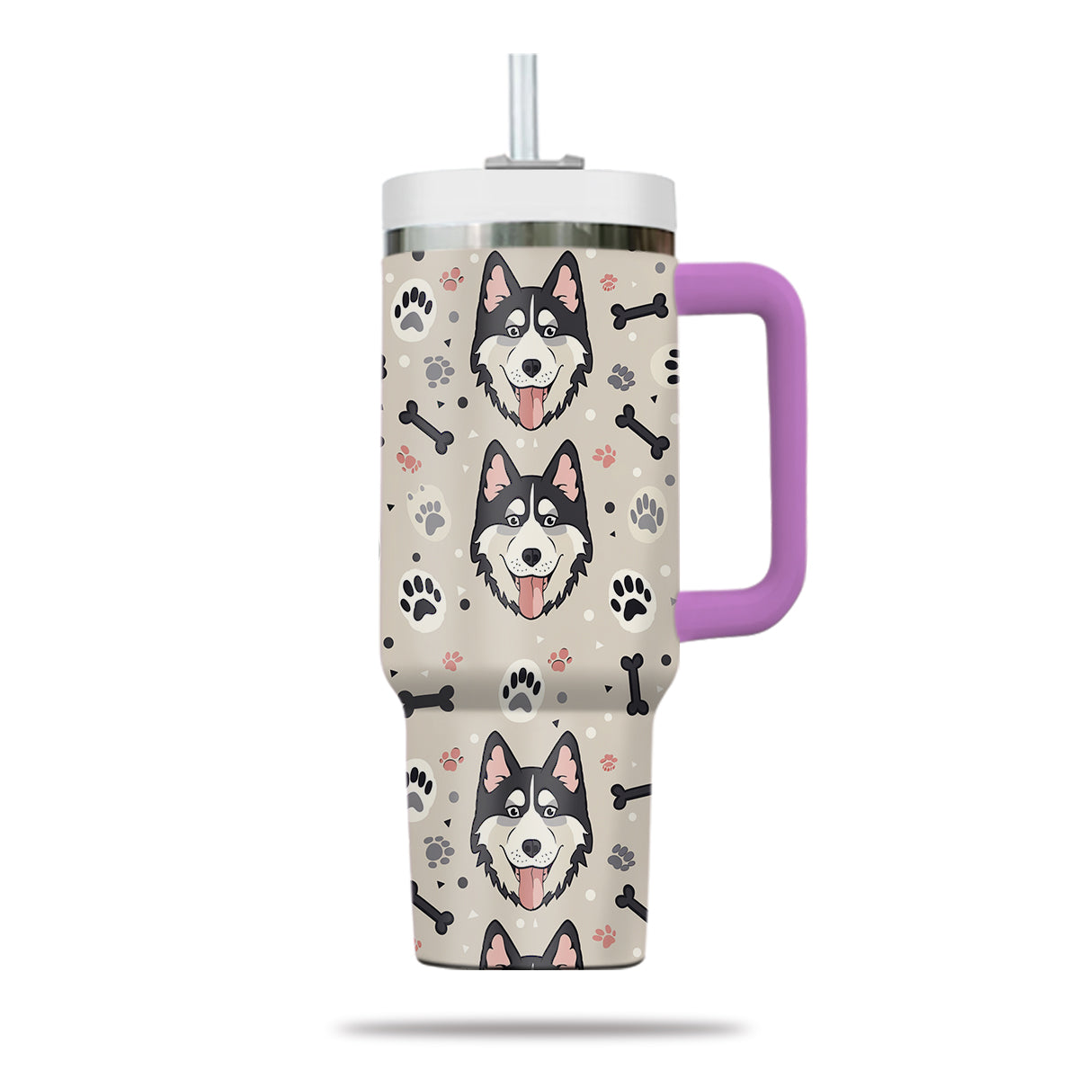 Cute Siberian Husky Tumbler 40oz With Handle, Siberian Husky Pattern 40oz Tumbler, Dog Paw Photo Tumbler with Straw, Dog Lover Tumbler, Stainless Steel Tumbler, Insulated Tumbler 02