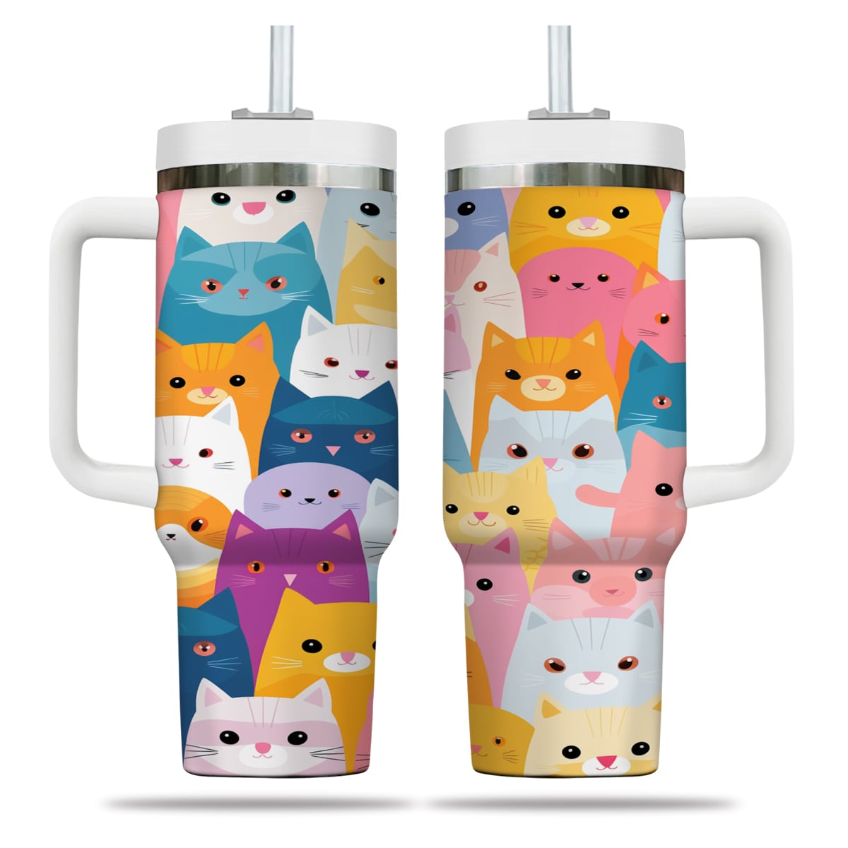 Cute Cat Tumbler 40oz With Handle, Cat Pattern 40oz Tumbler, Cat Lover Tumbler 40oz, Stainless Steel Tumbler, Insulated Tumbler 09