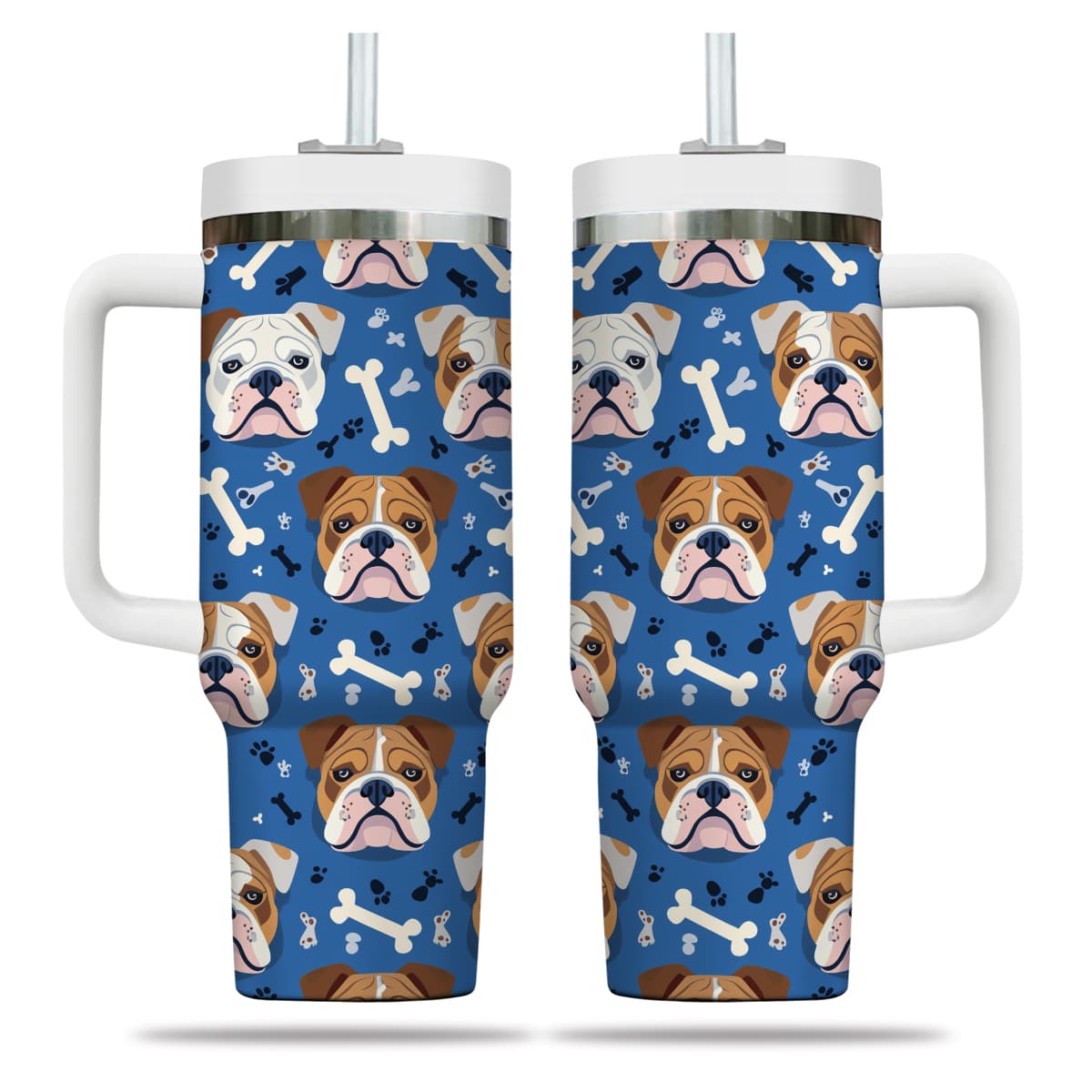 Cute Bulldog Tumbler 40oz With Handle, Bulldog Pattern 40oz Tumbler, Dog Paw Photo Tumbler with Straw, Dog Lover Tumbler, Stainless Steel Tumbler, Insulated Tumbler