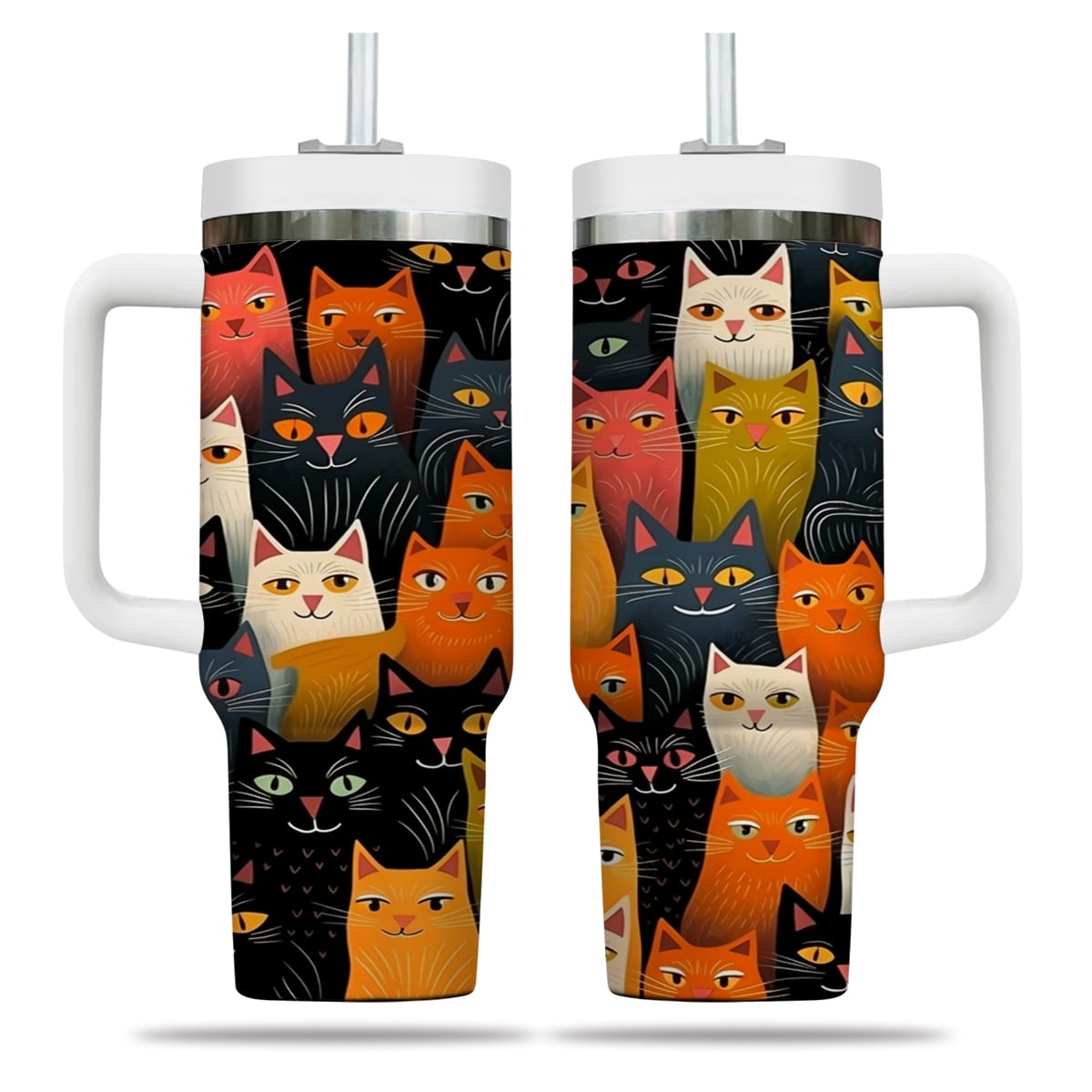 Cute Cat Tumbler 40oz With Handle, Cat Pattern 40oz Tumbler, Cat Lover Tumbler 40oz, Stainless Steel Tumbler, Insulated Tumbler 02