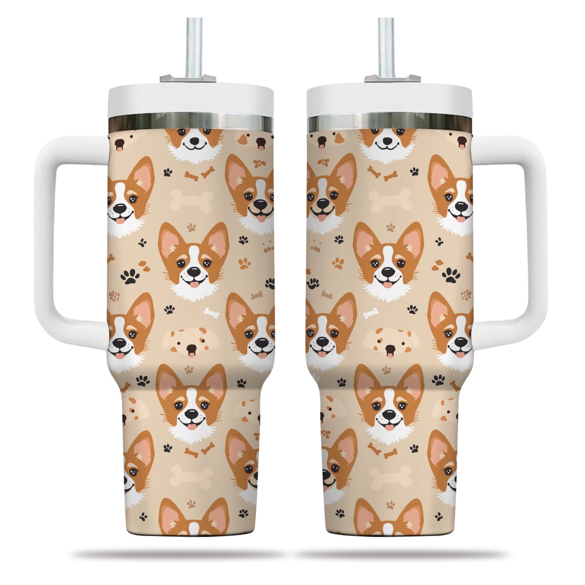 Cute Corgi Tumbler 40oz With Handle, Corgi Pattern 40oz Tumbler, Dog Paw Photo Tumbler with Straw, Dog Lover Tumbler, Stainless Steel Tumbler, Insulated Tumbler