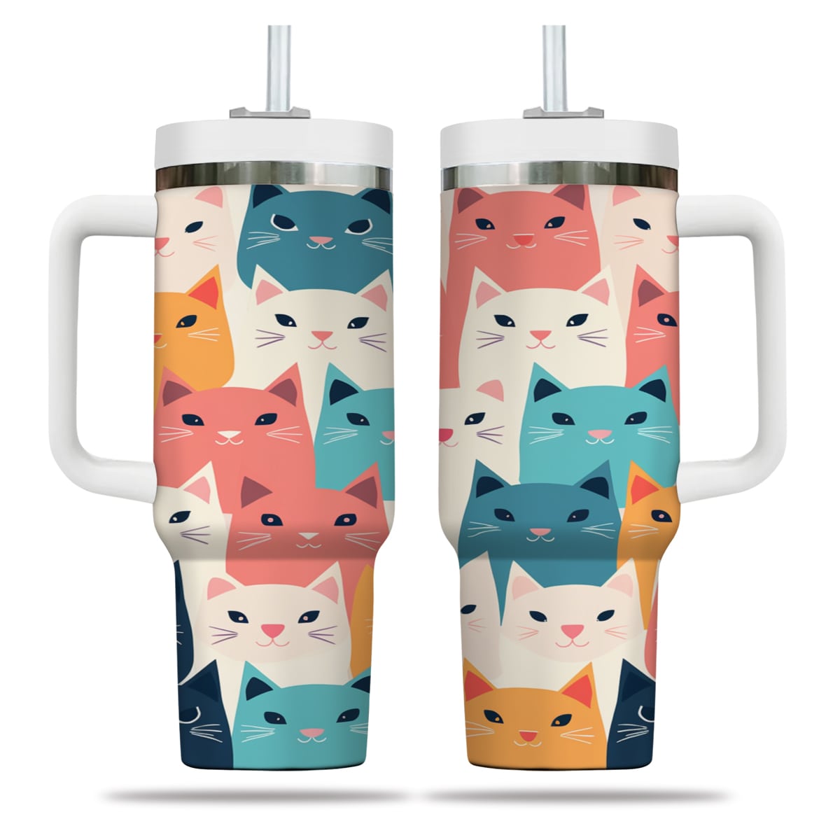 Cute Cat Tumbler 40oz With Handle, Cat Pattern 40oz Tumbler, Cat Lover Tumbler 40oz, Stainless Steel Tumbler, Insulated Tumbler 10