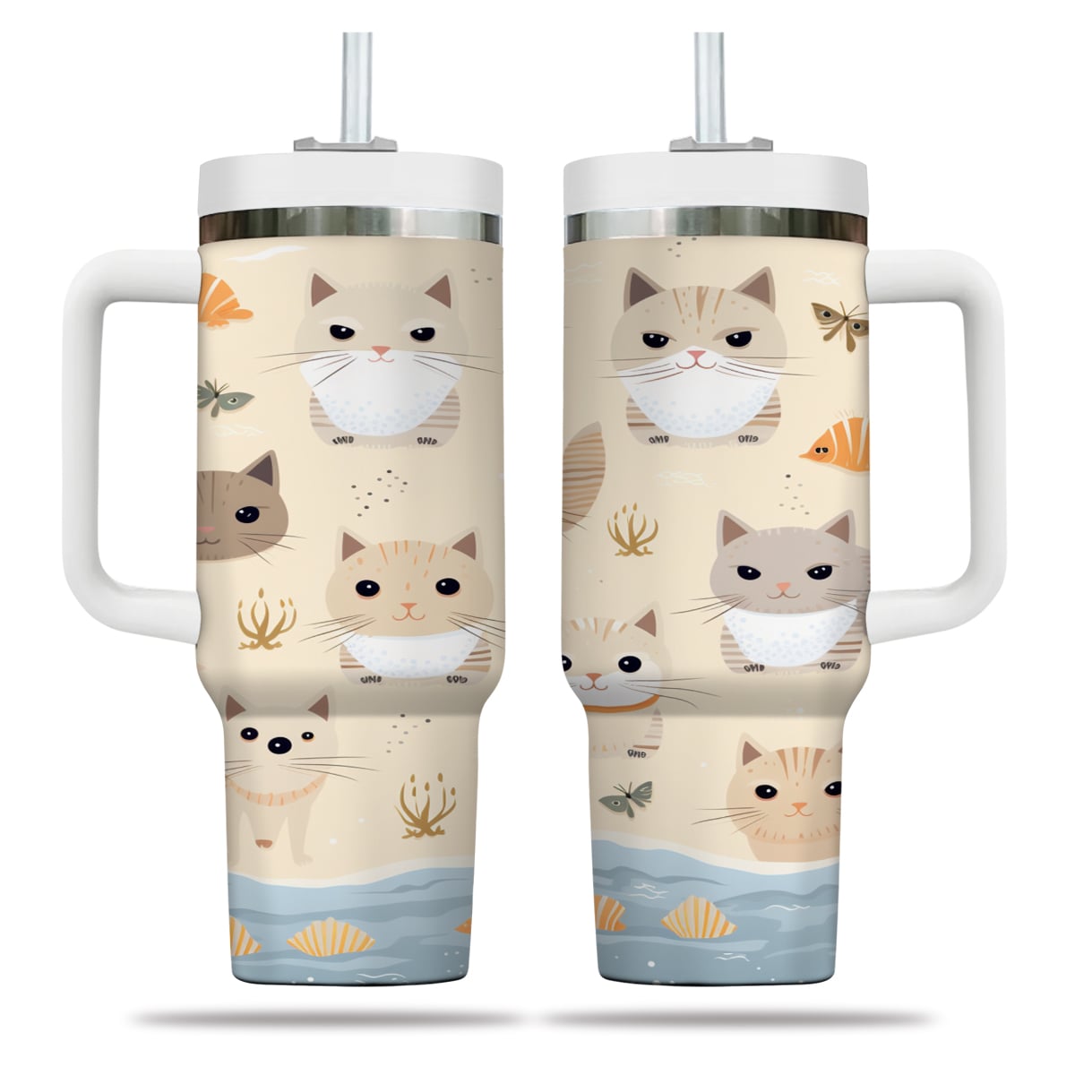 Cute Cat Tumbler 40oz With Handle, Cat Pattern 40oz Tumbler, Cat Lover Tumbler 40oz, Stainless Steel Tumbler, Insulated Tumbler 03