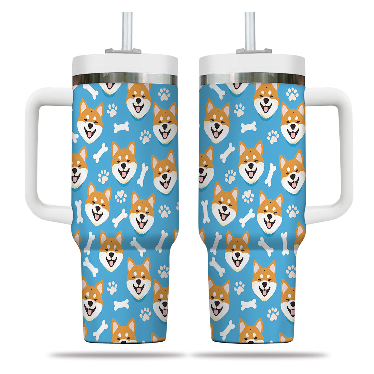 Cute Shiba Tumbler 40oz With Handle, Shiba Pattern 40oz Tumbler, Dog Paw Photo Tumbler with Straw, Dog Lover Tumbler, Stainless Steel Tumbler, Insulated Tumbler 01