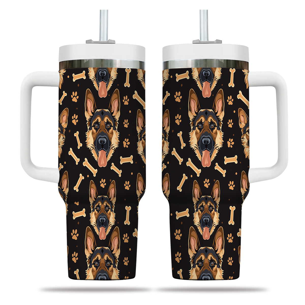 Cute German Shepherd Tumbler 40oz With Handle, German Shepherd Pattern 40oz Tumbler, Dog Paw Photo Tumbler with Straw, Dog Lover Tumbler, Stainless Steel Tumbler, Insulated Tumbler