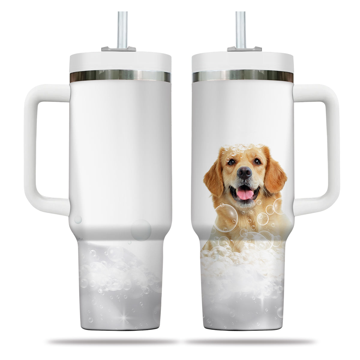 Custom Pet Portrait Photo Tumbler 40oz With Handle, Animal in Tub, Funny Bathroom Art, Dog In Bathtub Print, Puppies Tumbler with Straw, Dog Lover Tumbler, Stainless Steel Tumbler, Insulated Tumbler 19