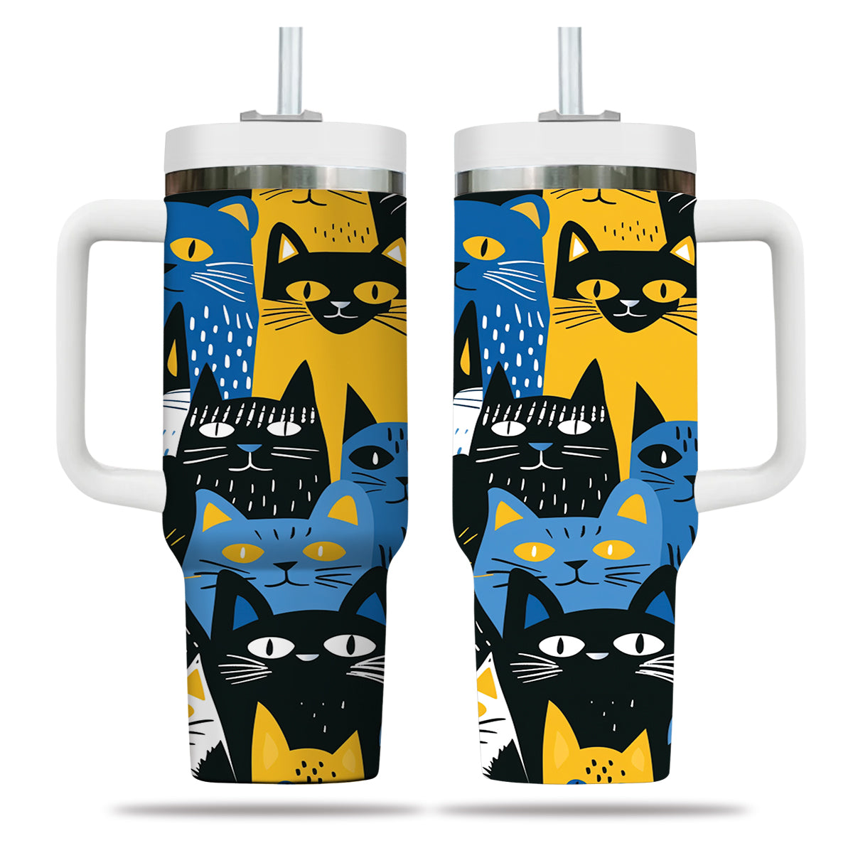 Cute Cat Tumbler 40oz With Handle, Cat Pattern 40oz Tumbler, Cat Lover Tumbler 40oz, Stainless Steel Tumbler, Insulated Tumbler 29