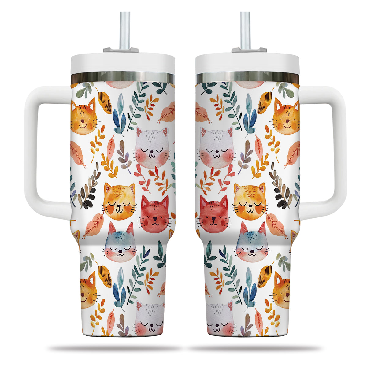 Cute Cat Tumbler 40oz With Handle, Cat Pattern 40oz Tumbler, Cat Lover Tumbler 40oz, Stainless Steel Tumbler, Insulated Tumbler 12