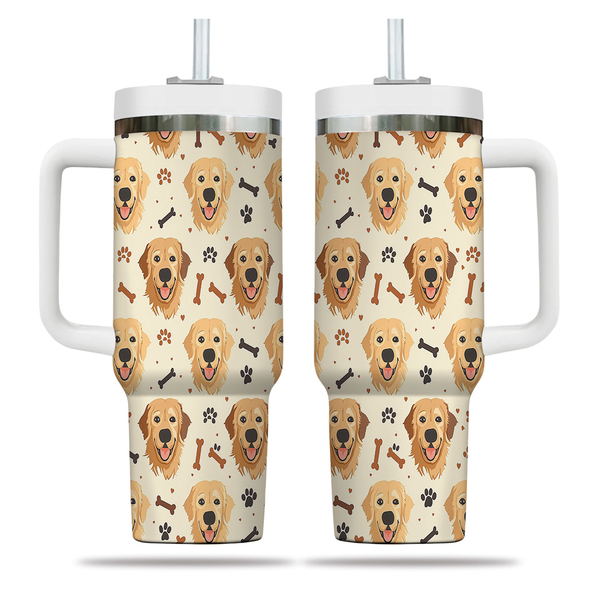 Cute Golden Retriever Tumbler 40oz With Handle, Golden Retriever Pattern 40oz Tumbler, Dog Paw Photo Tumbler with Straw, Dog Lover Tumbler, Stainless Steel Tumbler, Insulated Tumbler