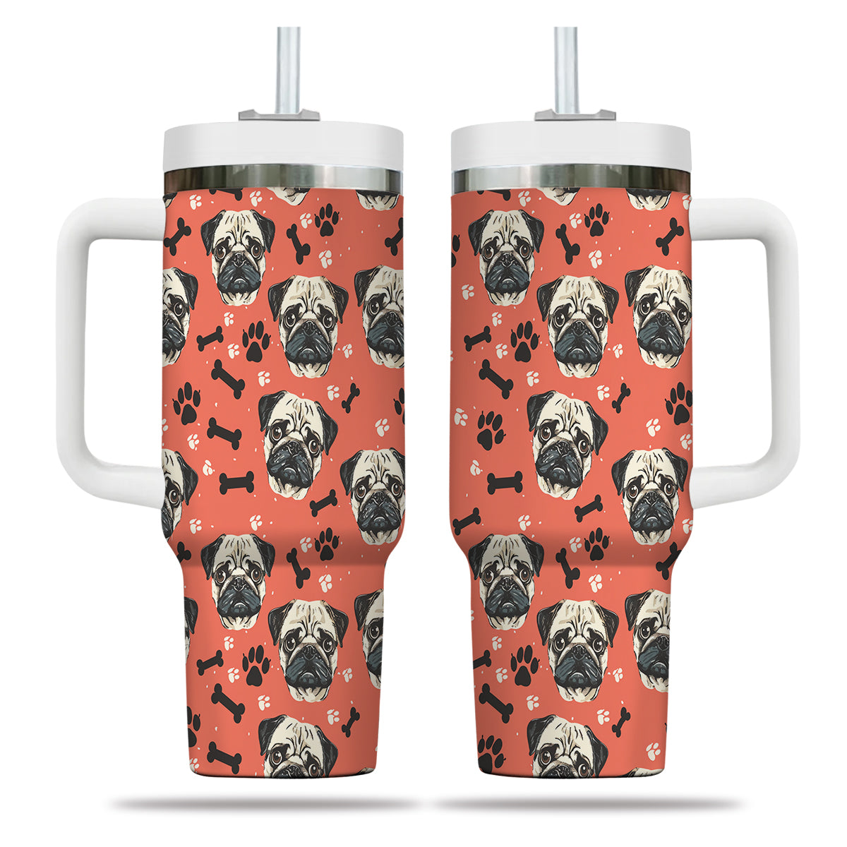 Cute Pug Tumbler 40oz With Handle, Pug Pattern 40oz Tumbler, Dog Paw Photo Tumbler with Straw, Dog Lover Tumbler, Stainless Steel Tumbler, Insulated Tumbler