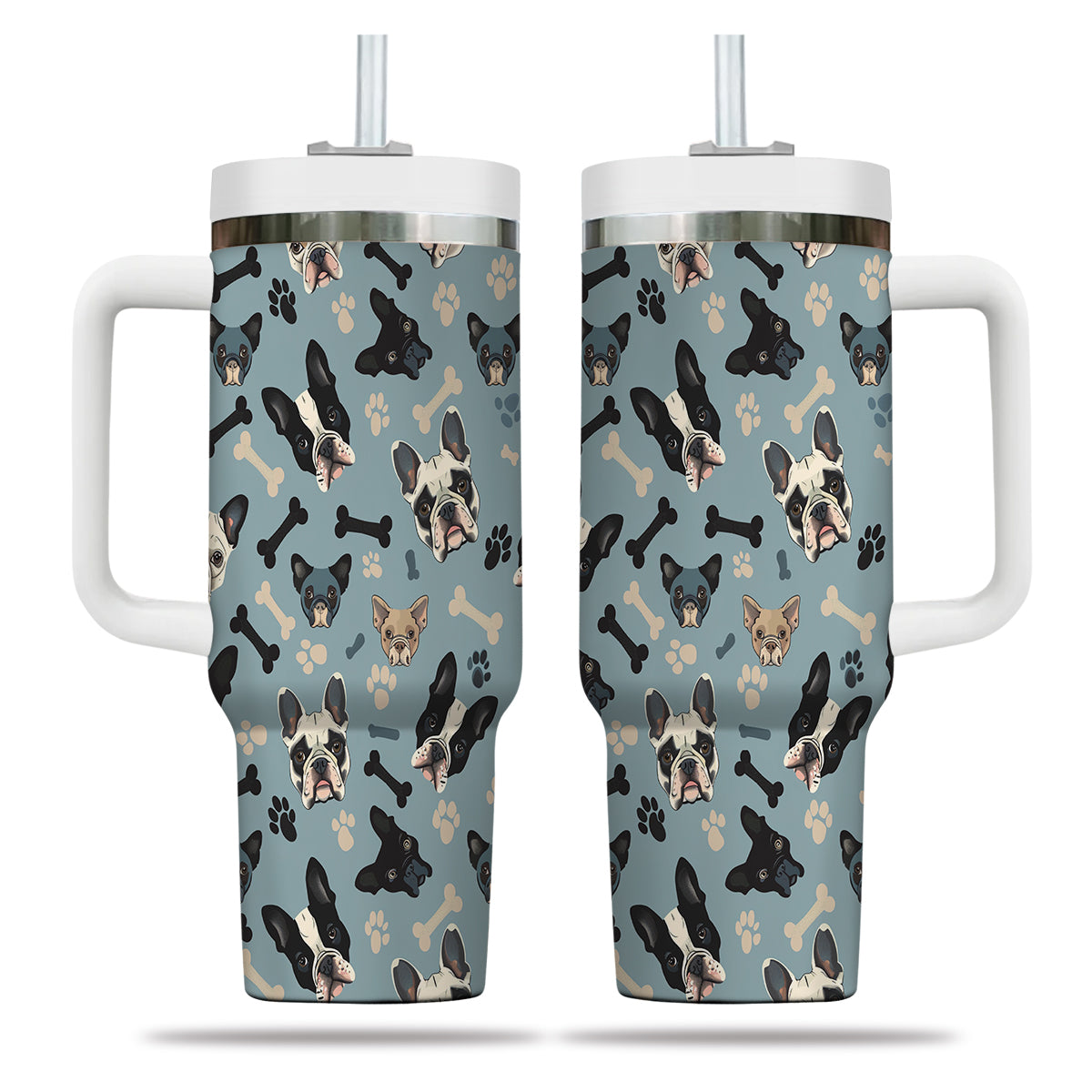 Cute French Bulldog Tumbler 40oz With Handle, French Bulldog Pattern 40oz Tumbler, Dog Paw Photo Tumbler with Straw, Dog Lover Tumbler, Stainless Steel Tumbler, Insulated Tumbler 02