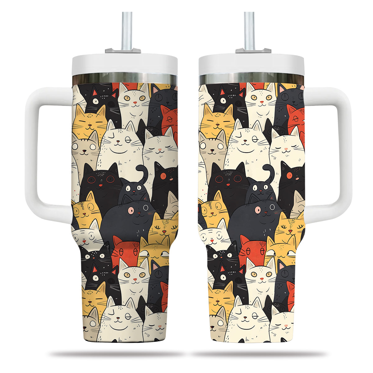 Cute Cat Tumbler 40oz With Handle, Cat Pattern 40oz Tumbler, Cat Lover Tumbler 40oz, Stainless Steel Tumbler, Insulated Tumbler 21