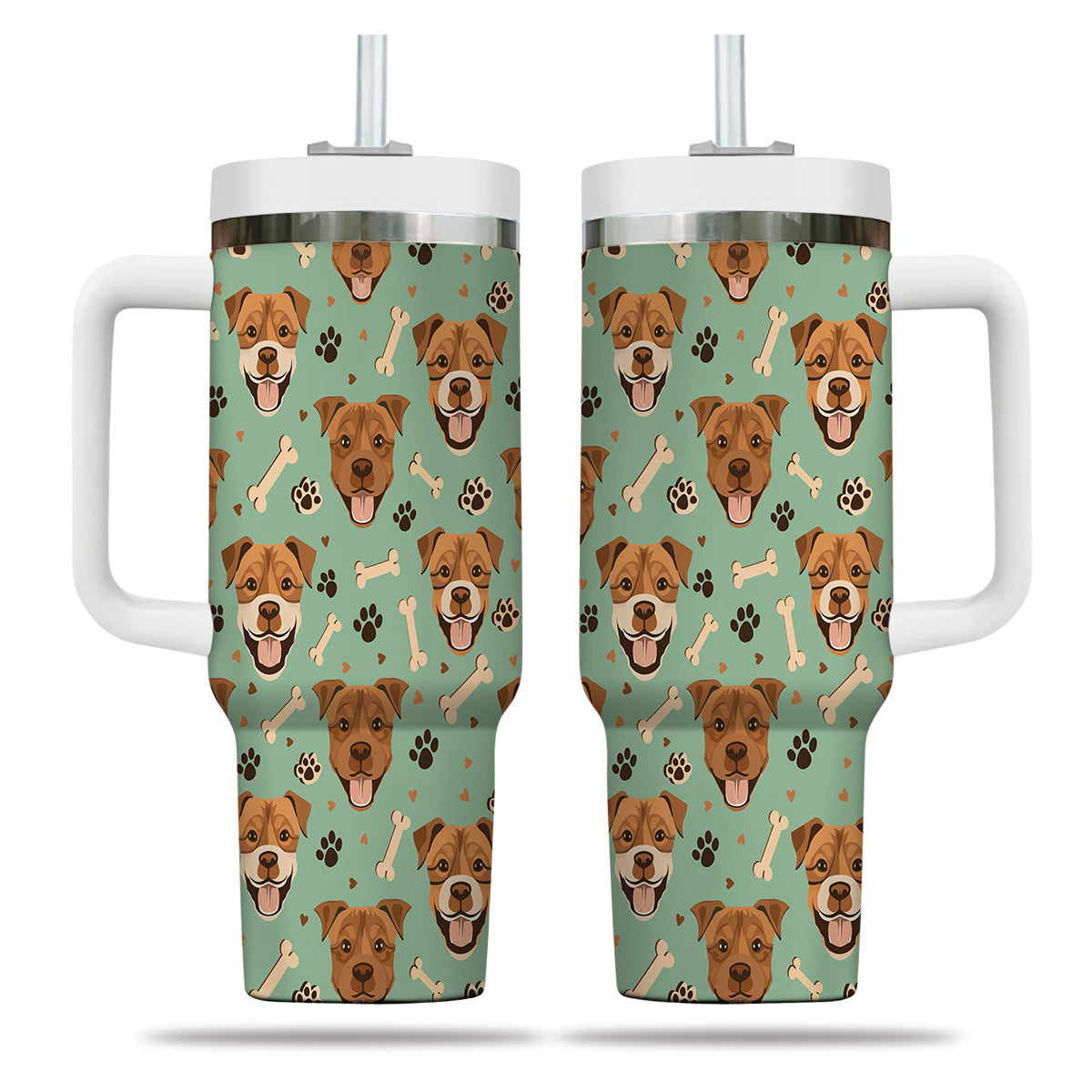 Cute Pitbull Tumbler 40oz With Handle, Pitbull Pattern 40oz Tumbler, Dog Paw Photo Tumbler with Straw, Dog Lover Tumbler, Stainless Steel Tumbler, Insulated Tumbler