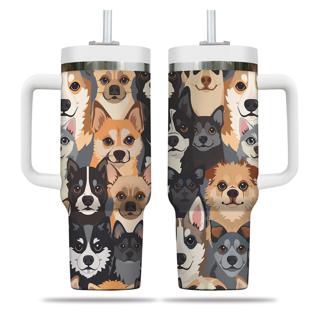 Cute Dog Tumbler 40oz With Handle, Dog Face Pattern 40oz Tumbler, Puppies Tumbler with Straw, Dog Lover Tumbler, Stainless Steel Tumbler, Insulated Tumbler 05