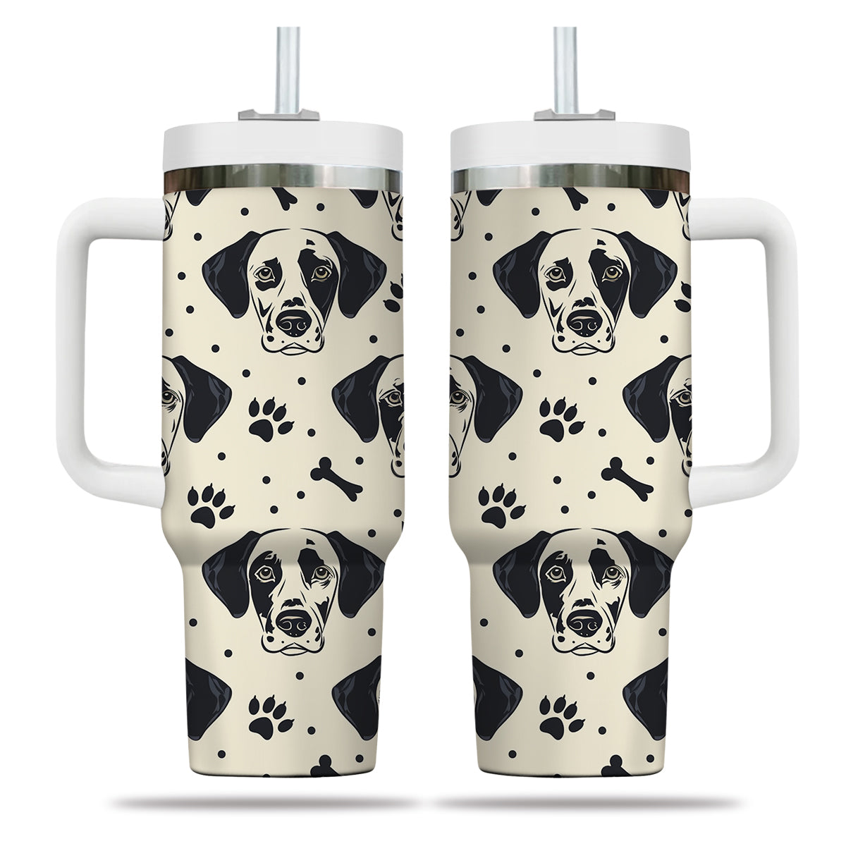 Cute Dalmatian Tumbler 40oz With Handle, Dalmatian Pattern 40oz Tumbler, Dog Paw Photo Tumbler with Straw, Dog Lover Tumbler, Stainless Steel Tumbler, Insulated Tumbler