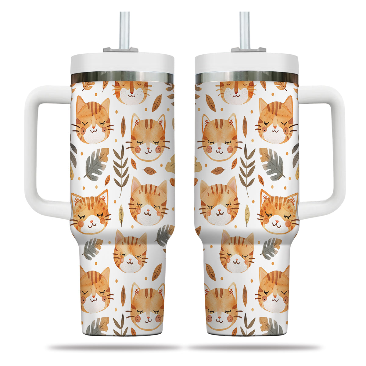 Cute Cat Tumbler 40oz With Handle, Cat Pattern 40oz Tumbler, Cat Lover Tumbler 40oz, Stainless Steel Tumbler, Insulated Tumbler 16