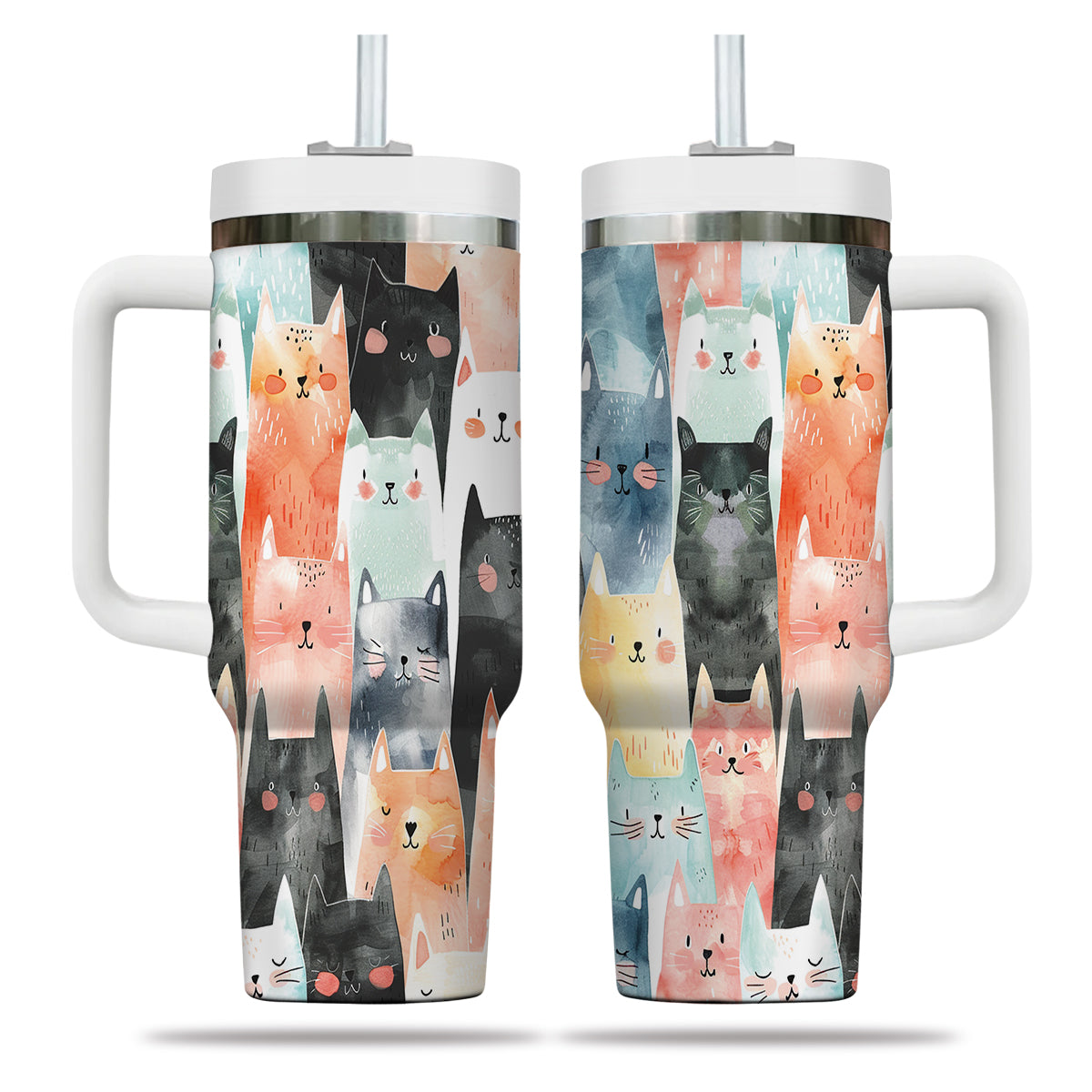 Cute Cat Tumbler 40oz With Handle, Cat Pattern 40oz Tumbler, Cat Lover Tumbler 40oz, Stainless Steel Tumbler, Insulated Tumbler 19