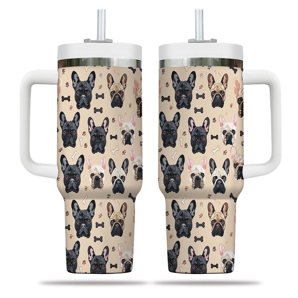 Cute French Bulldog Tumbler 40oz With Handle, French Bulldog Pattern 40oz Tumbler, Dog Paw Photo Tumbler with Straw, Dog Lover Tumbler, Stainless Steel Tumbler, Insulated Tumbler 01