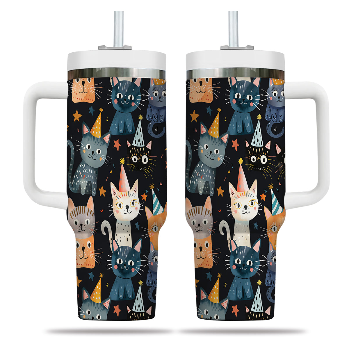 Cute Cat Tumbler 40oz With Handle, Cat Pattern 40oz Tumbler, Cat Lover Tumbler 40oz, Stainless Steel Tumbler, Insulated Tumbler 14