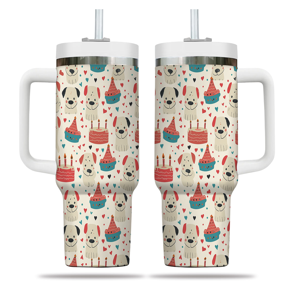 Cute Dog Tumbler 40oz With Handle, Dog Face Pattern 40oz Tumbler, Puppies Tumbler with Straw, Dog Lover Tumbler, Stainless Steel Tumbler, Insulated Tumbler 04