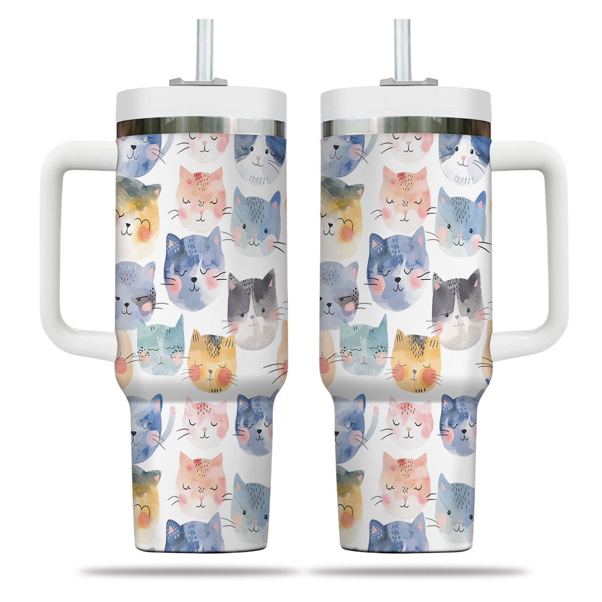 Cute Cat Tumbler 40oz With Handle, Cat Pattern 40oz Tumbler, Cat Lover Tumbler 40oz, Stainless Steel Tumbler, Insulated Tumbler 18