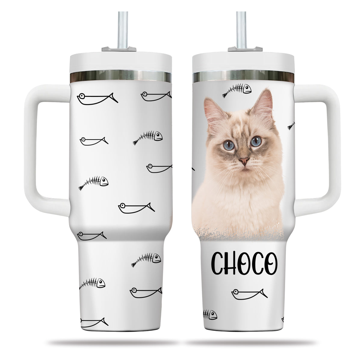 Custom Pet Photo Tumbler 40oz With Handle, Watercolor Pet Portrait From Photo Tumbler,  Personalized Cat Face Photo Tumbler with Straw, Cat Lover Tumbler, Stainless Steel Tumbler, Insulated Tumbler 16