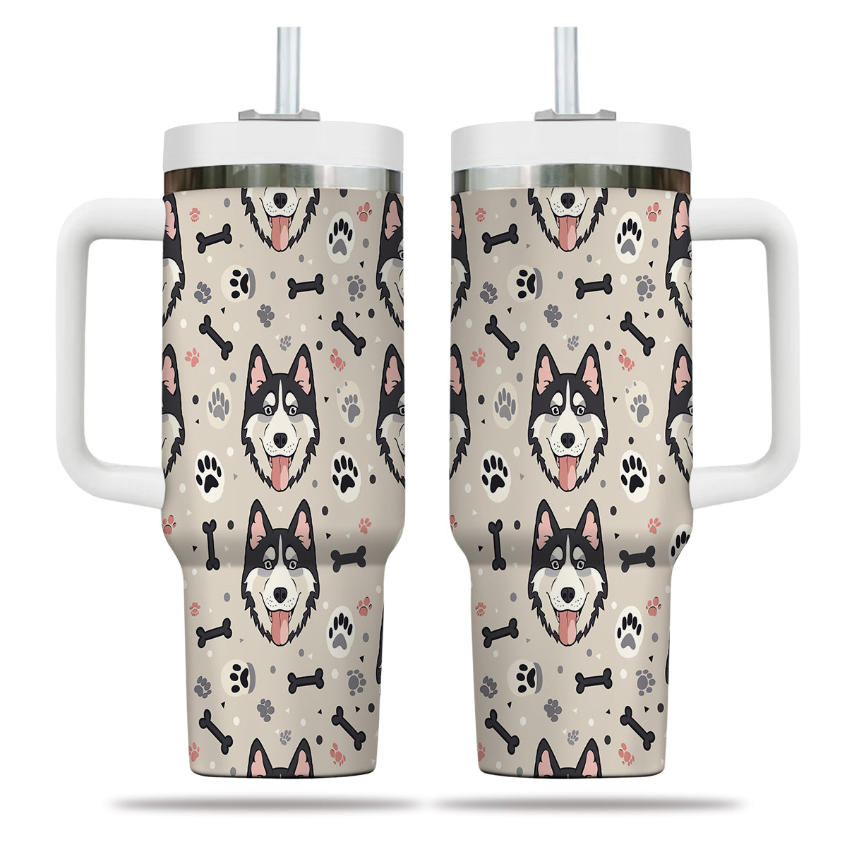 Cute Siberian Husky Tumbler 40oz With Handle, Siberian Husky Pattern 40oz Tumbler, Dog Paw Photo Tumbler with Straw, Dog Lover Tumbler, Stainless Steel Tumbler, Insulated Tumbler 02