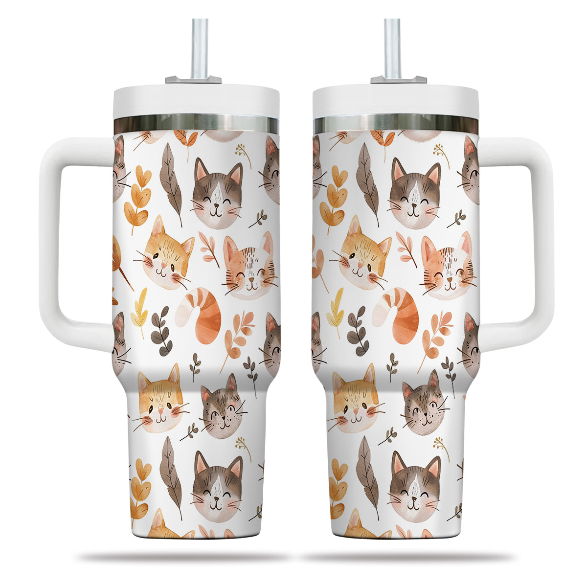 Cute Cat Tumbler 40oz With Handle, Cat Pattern 40oz Tumbler, Cat Lover Tumbler 40oz, Stainless Steel Tumbler, Insulated Tumbler 15