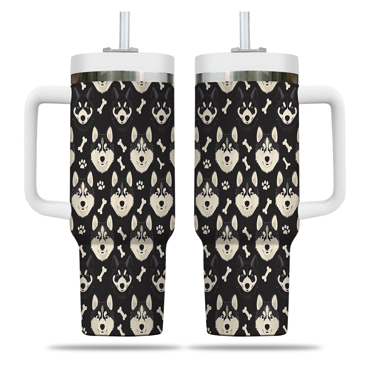 Cute Siberian Husky Tumbler 40oz With Handle, Siberian Husky Pattern 40oz Tumbler, Dog Paw Photo Tumbler with Straw, Dog Lover Tumbler, Stainless Steel Tumbler, Insulated Tumbler 01