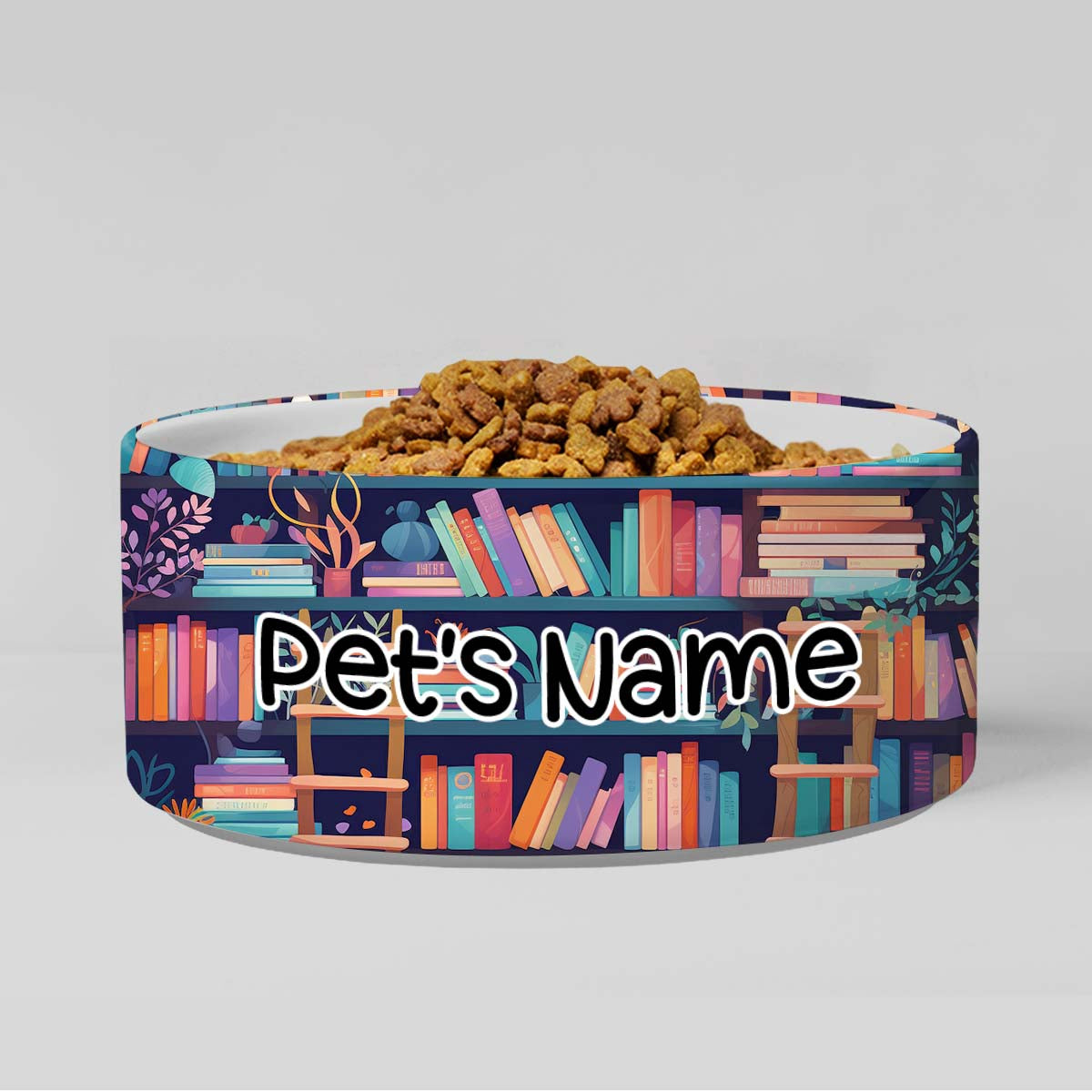 Personalized Dog Pet Cat Bowls, Teal Boho Book Lovers Library Custom Pet Bowls for Dogs and Cats, Eclectic Modern Spotted Dishes With Name, Ceramic Custom Cute Dog Bowls, Designer Large and Small Dog Cat Pet Bowls Dish, Gift for Pet