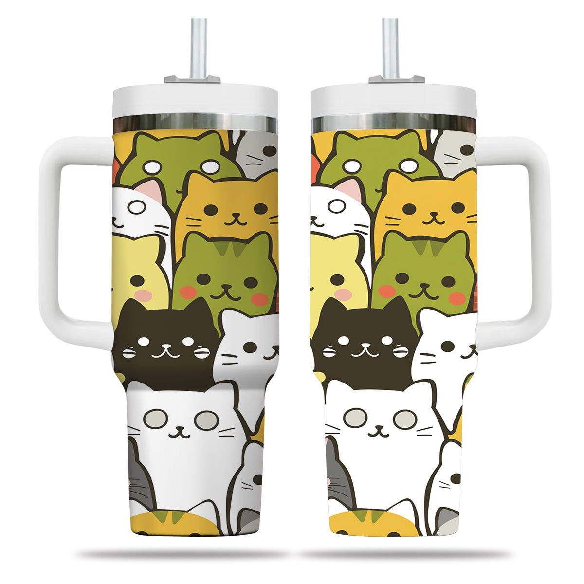 Cute Cat Tumbler 40oz With Handle, Cat Pattern 40oz Tumbler, Cat Lover Tumbler 40oz, Stainless Steel Tumbler, Insulated Tumbler 25