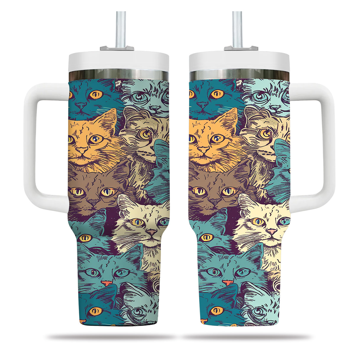 Cute Cat Tumbler 40oz With Handle, Cat Pattern 40oz Tumbler, Cat Lover Tumbler 40oz, Stainless Steel Tumbler, Insulated Tumbler 24