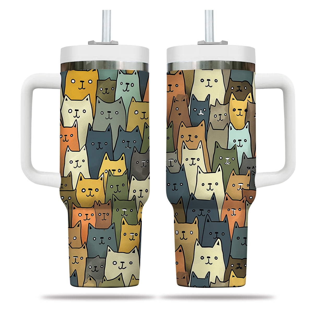 Cute Cat Tumbler 40oz With Handle, Cat Pattern 40oz Tumbler, Cat Lover Tumbler 40oz, Stainless Steel Tumbler, Insulated Tumbler 20