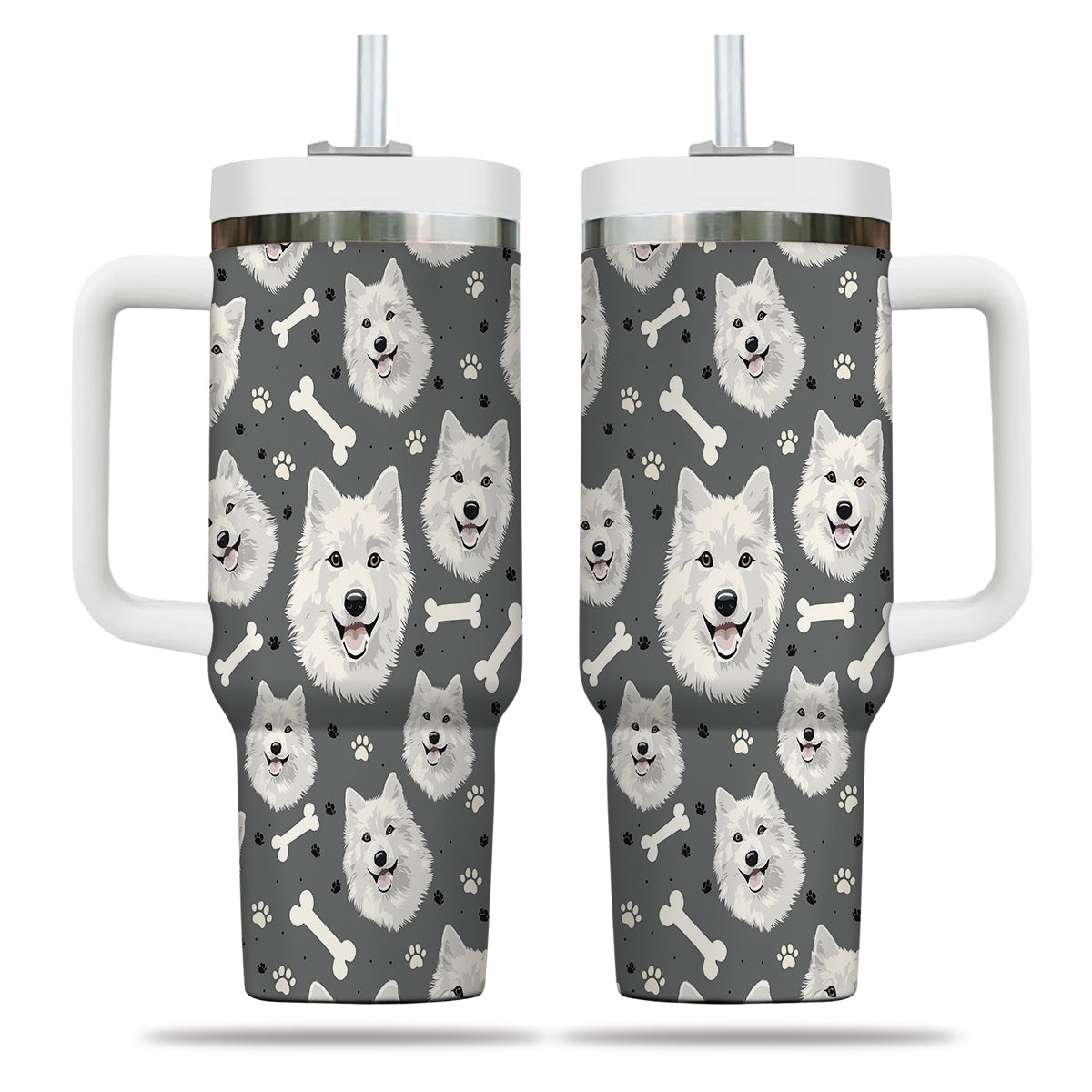 Cute Samoyed Tumbler 40oz With Handle, Samoyed Pattern 40oz Tumbler, Dog Paw Photo Tumbler with Straw, Dog Lover Tumbler, Stainless Steel Tumbler, Insulated Tumbler 02