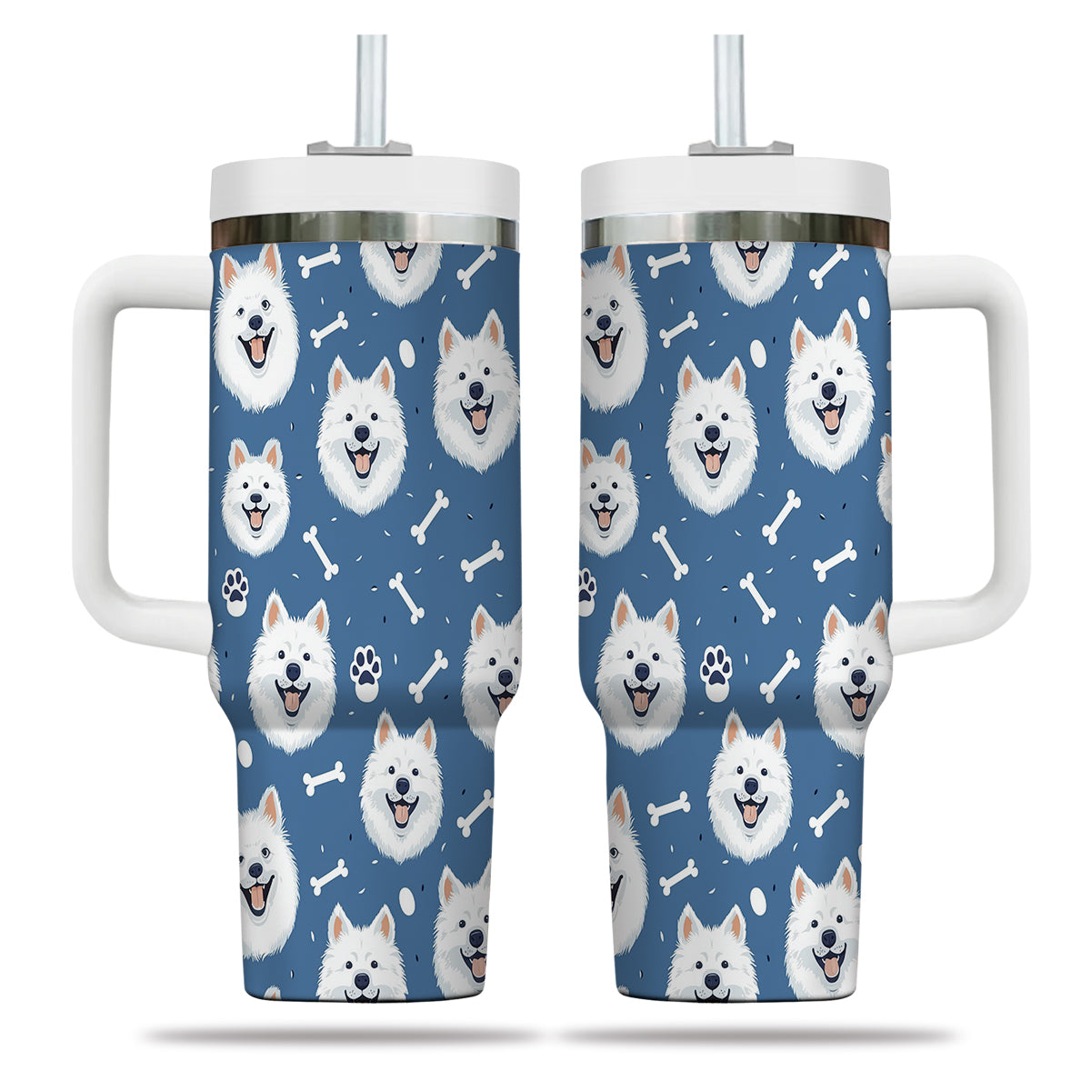 Cute Samoyed Tumbler 40oz With Handle, Samoyed Pattern 40oz Tumbler, Dog Paw Photo Tumbler with Straw, Dog Lover Tumbler, Stainless Steel Tumbler, Insulated Tumbler 01