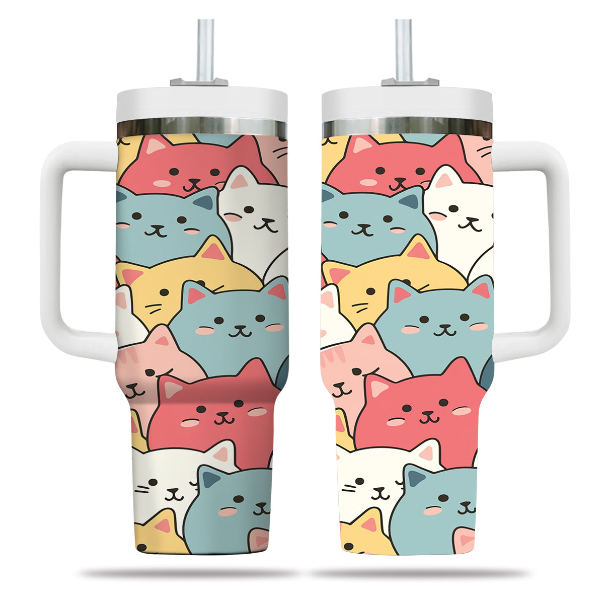 Cute Cat Tumbler 40oz With Handle, Cat Pattern 40oz Tumbler, Cat Lover Tumbler 40oz, Stainless Steel Tumbler, Insulated Tumbler 27