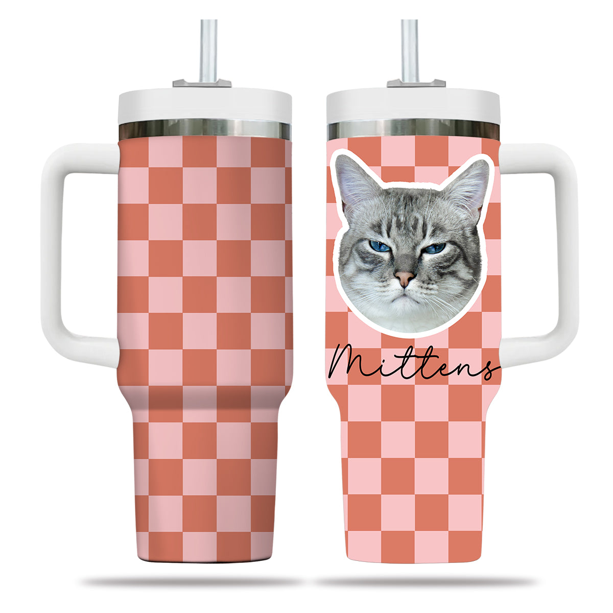 Custom Pet Portrait Tumbler With Pet Name Photo, Custom Dog Tumbler Personalized Cat Tumbler 40oz With Handle, Custom Checkered Tumbler Puppy Gift Pet Travel Mug, Stainless Steel Tumbler, Insulated Tumbler 17