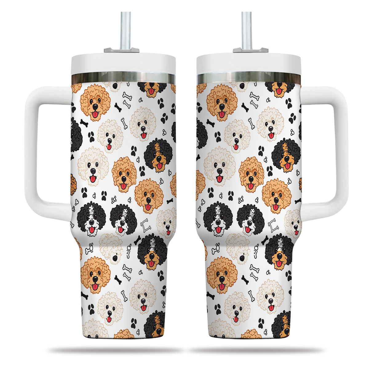 Cute Poodle Tumbler 40oz With Handle, Poodle Pattern 40oz Tumbler, Dog Paw Photo Tumbler with Straw, Dog Lover Tumbler, Stainless Steel Tumbler, Insulated Tumbler 02