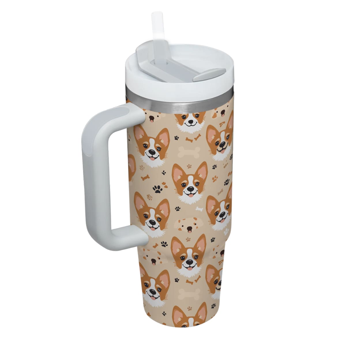 Cute Corgi Tumbler 40oz With Handle, Corgi Pattern 40oz Tumbler, Dog Paw Photo Tumbler with Straw, Dog Lover Tumbler, Stainless Steel Tumbler, Insulated Tumbler