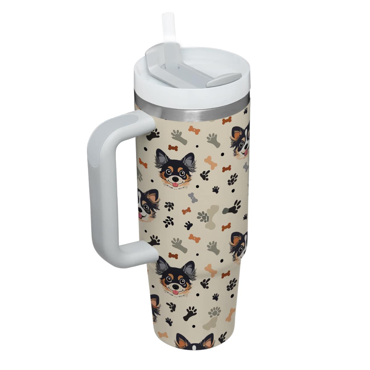 Cute Chihuahua Tumbler 40oz With Handle, Chihuahua Pattern 40oz Tumbler, Dog Paw Photo Tumbler with Straw, Dog Lover Tumbler, Stainless Steel Tumbler, Insulated Tumbler