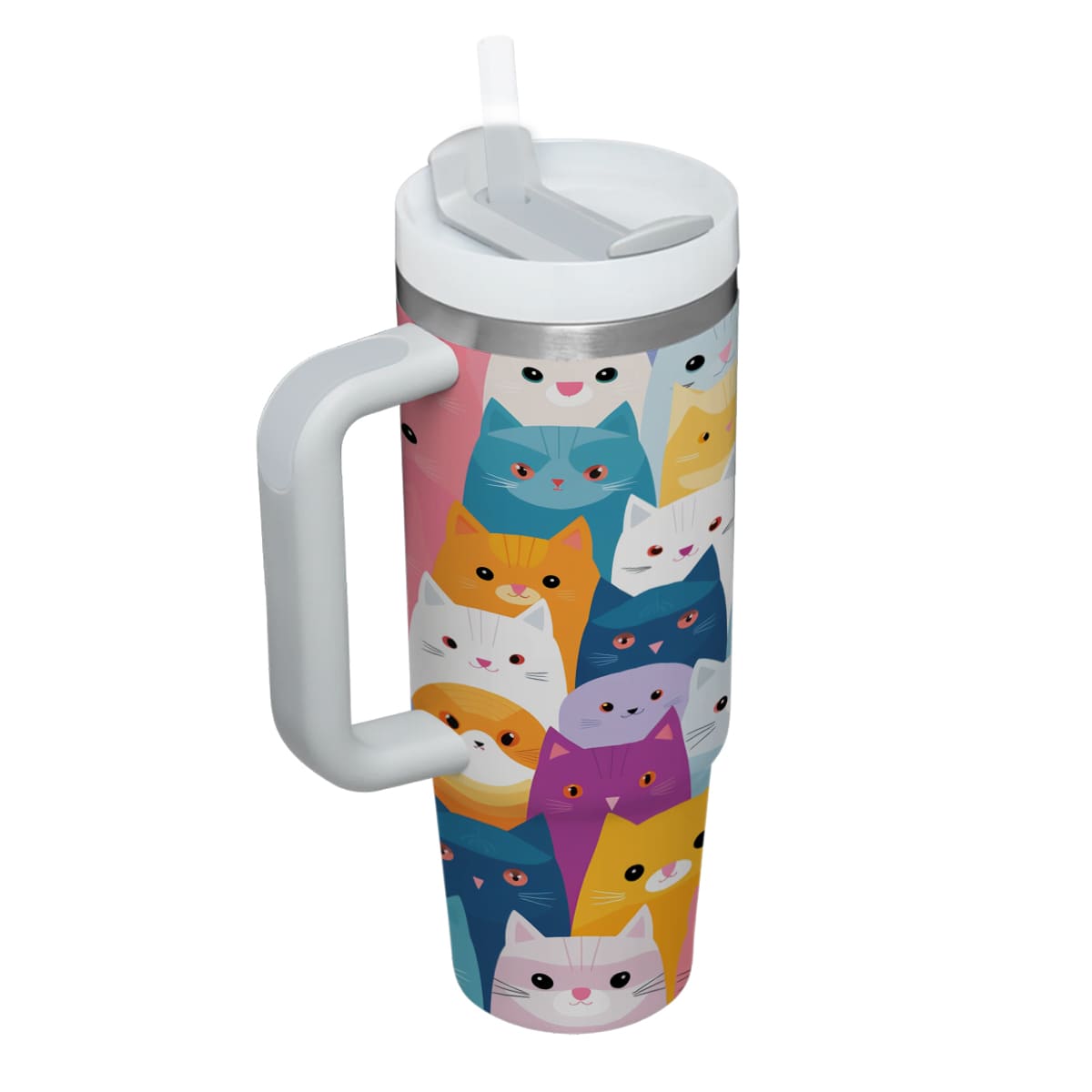 Cute Cat Tumbler 40oz With Handle, Cat Pattern 40oz Tumbler, Cat Lover Tumbler 40oz, Stainless Steel Tumbler, Insulated Tumbler 09