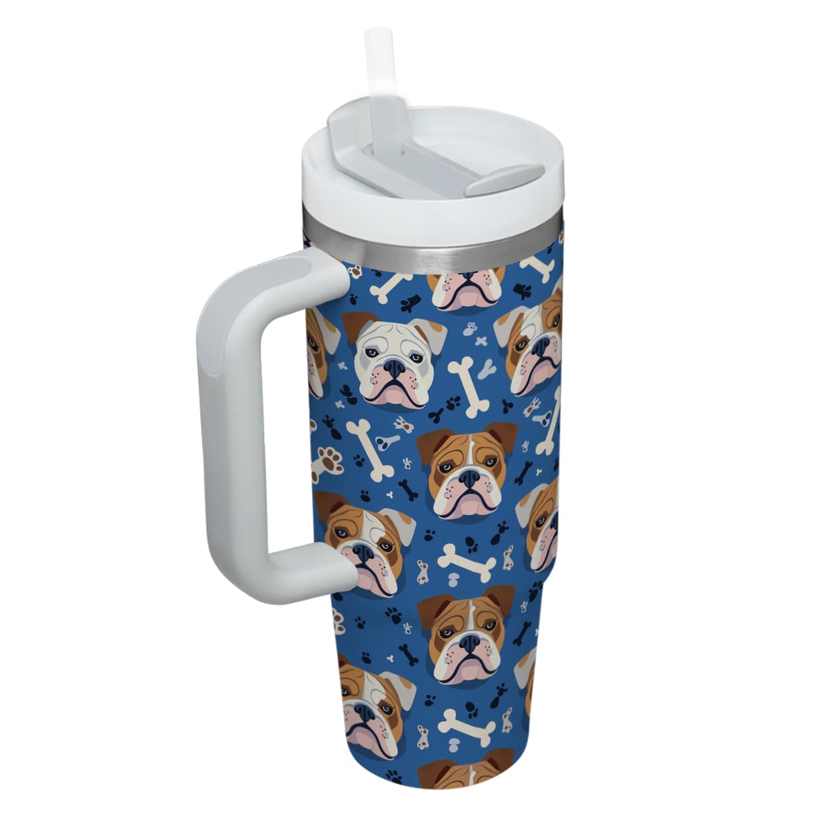 Cute Bulldog Tumbler 40oz With Handle, Bulldog Pattern 40oz Tumbler, Dog Paw Photo Tumbler with Straw, Dog Lover Tumbler, Stainless Steel Tumbler, Insulated Tumbler