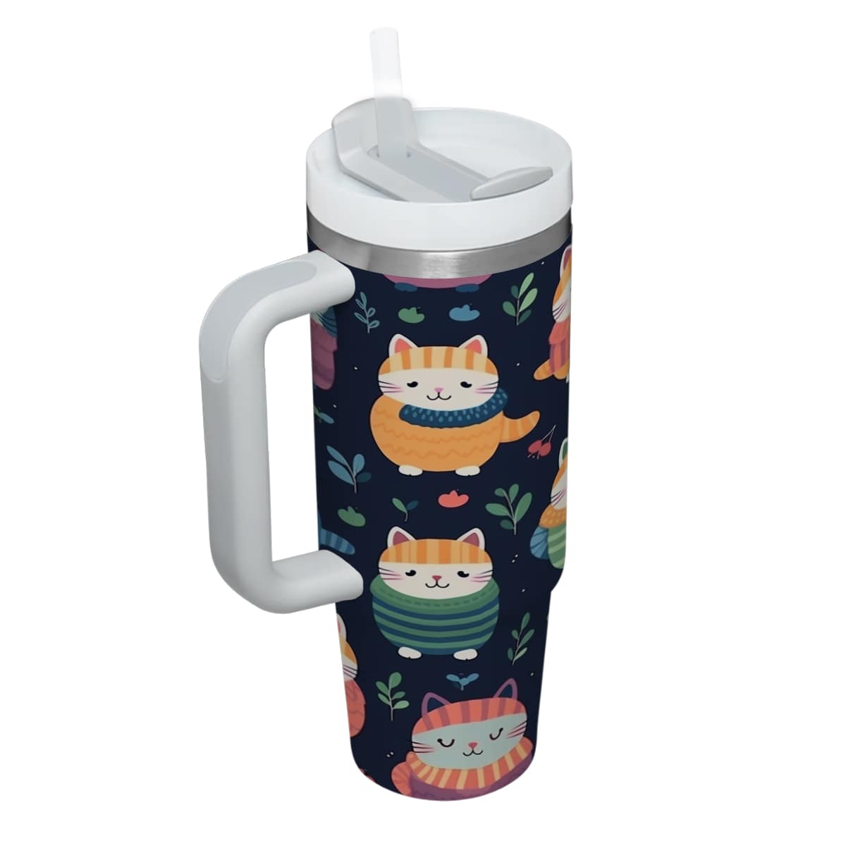 Cute Cat Tumbler 40oz With Handle, Cat Pattern 40oz Tumbler, Cat Lover Tumbler 40oz, Stainless Steel Tumbler, Insulated Tumbler 08